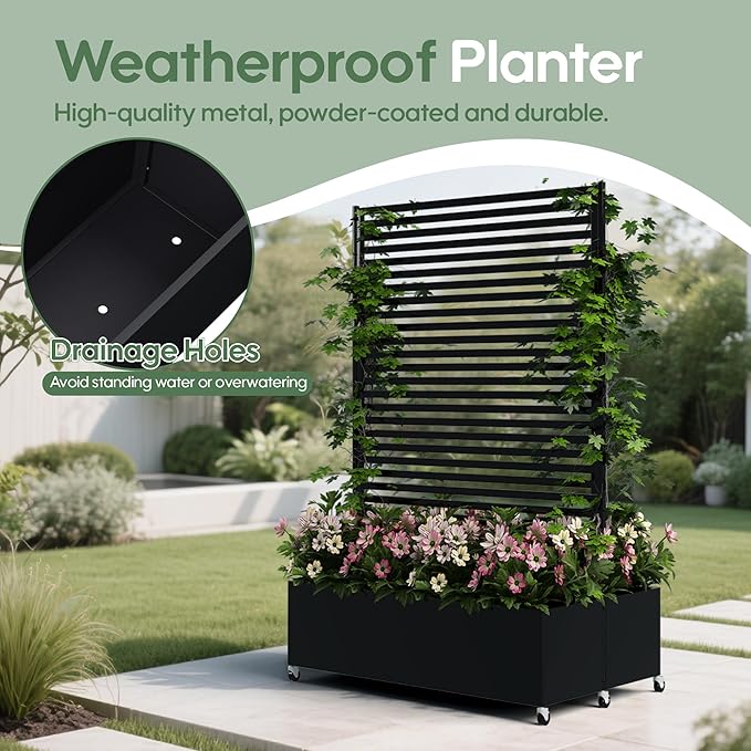 Double Metal Planter Box with Trellis Privacy Screen Raised Garden Bed with Trellis &amp Wheels Planter Box Outdoor with Drainage Holes for Climbing Plants Vines73x 47x 30 Black