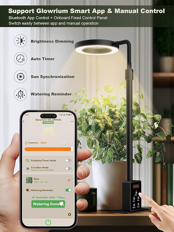 GLOWRIUM Smart LED Grow Lights for Indoor Plants G4 12W Full Spectrum 3500K with Grow lamp Bluetooth App Control 10-Level Dimming Gooseneck Height Adjustable 16-23 Auto Timer (Black 12W)