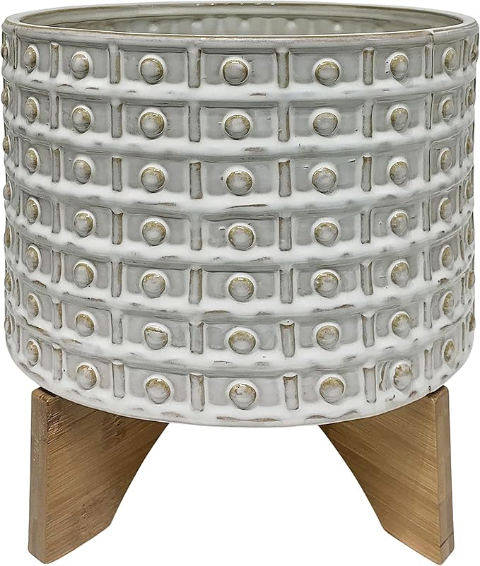 Generic 10 Dotted Planter WWood Stand Ivory Beige