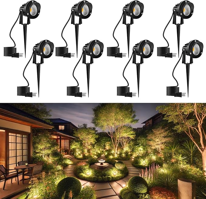 Romwish Outdoor Spotlight 3000K Warm White12W LED Spot Lights Outdoor for Yard Garden Tree 120V Plug in Landscape Lighting with IP65 Waterproof for Lawn Decorative 8 Pack