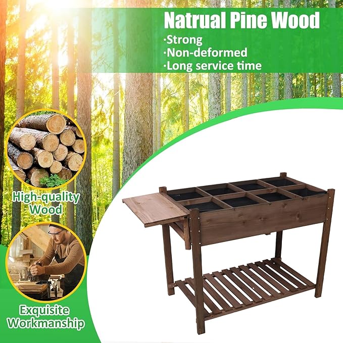 8 Pockets Horticulture Raised Garden Bed Elevated Wood Planter Box Stand with Foldable Side Table and Storage Shelf for Herb/Vegetables/Flowers Dark Brown Color