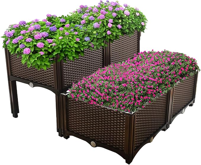 Plant Grow Box Elevated Raised Garden Bed Kits Fit for Flower Vegetable Grow Brown 4-piece Set