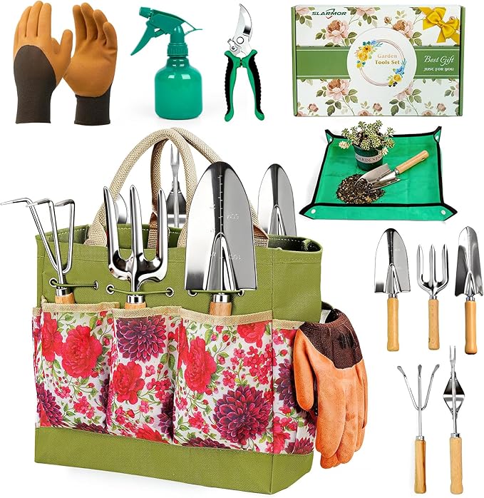 Garden Tool Set 10 PCS Gardening Essentials Stainless Steel Garden Hand Tools with Tote Bag Well-Designed Gardening Supplies Kit Gifts for Women Men Gardeners