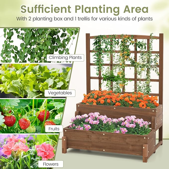 2 Pieces Raised Garden Bed with Trellis 2-Tier Wooden Elevated Planter Box with Legs Hemp Rope &amp Drainage Holes Raised Plant Bed for Backyard Garden Lawn