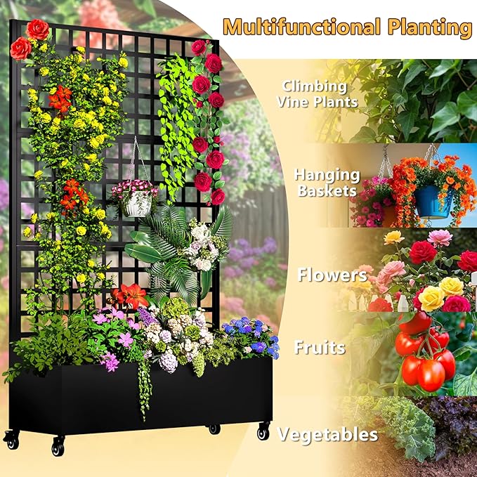 Metal Planter Box with Trellis 72.1x47.2x16 Galvanized Raised Garden Bed with Privacy Screen &amp Drainage Holes &amp Lockable Casters for Climbing Plants Flower Vegetable (Black-Grid)