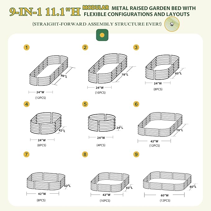 BlueWish 8x2x1FT Raised Garden Bed 11.1” H Galvanized Raised Garden Bed with Bottomless Rubber Strip 9-in-1 Modular Raised Planter Box Outdoor for Vegetable Flower Beige