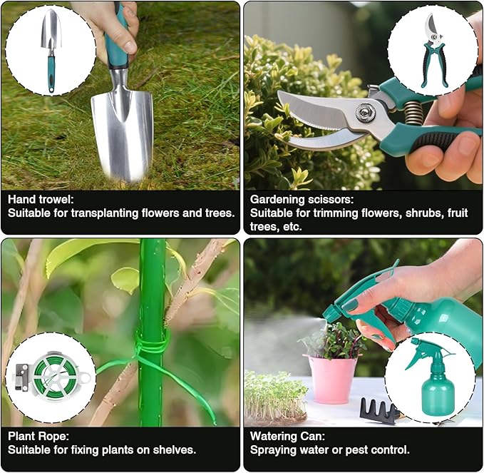 Garden Tools Gardening Tool Set with Non-Slip Handles Lightweight Aluminum Alloy Rust-Proof Gardening Hand Tools with Gloves Ideal Gardening Tools Gifts for Women and Men (11 Pcs)