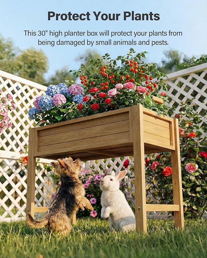 YEFU Raised Garden Beds Outdoor: 34x18x30in Weatherproof Teak Raised Garden Bed for Vegetable Herb Plant Gardening - HIPS Planter Boxes Outdoor with Legs on Patio Deck for Suburban Homeowners