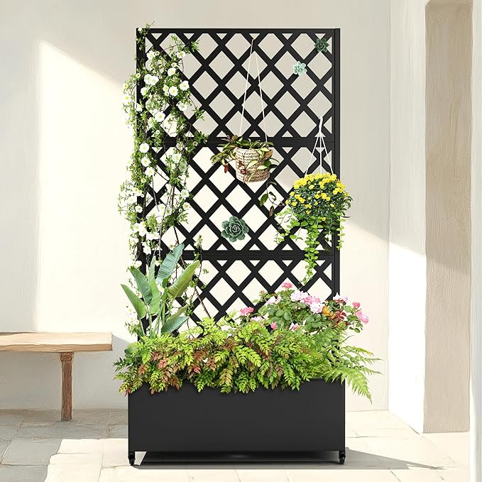 Metal Raised Garden Bed with Diamond Lattice Trellis Outdoor Planter Box for Climbing Plants Vegetables Vines Galvanized Garden Box with Drainage Holes and Wheels Black (35.4L x 16.7W x 73.2H)
