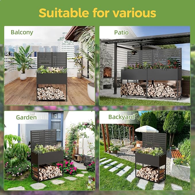 Raised Garden Bed with Trellis Metal Raised Planter Box with Trellis Privacy Planters for Patio Raised Garden Beds Outdoor Standing with Drainage Holes Wheels Black