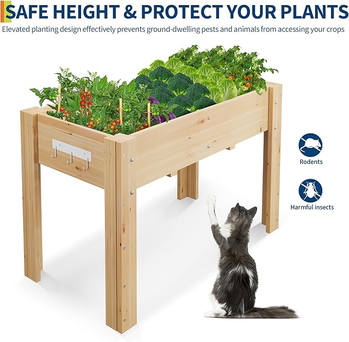 PeakPursuit 47 x 22 x 30 Inches Elevated Wooden Raised Garden Bed with Bed Liner Legs and Hooks – Outdoor Planter Box Stand for Backyard Patio Balcony Natural