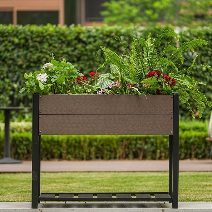 GAOMON Elevated HDPE Raised Garden Bed with Wood Grain Finish – Sturdy Black Aluminum Frame Storage Shelf &amp Weatherproof Design Perfect for Vegetables &amp Herbs Outdoors – Size: 109x49x85cm