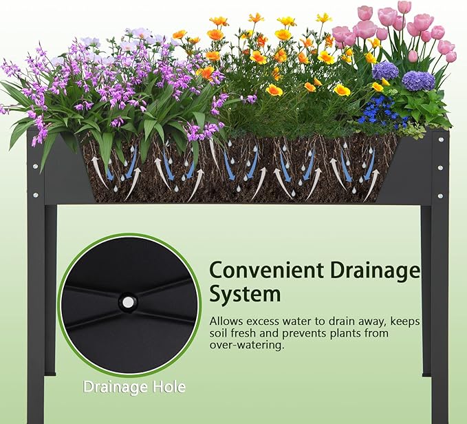 MAT EXPERT Raised Garden Bed 31.5’’ Elevated Metal Planter Box Stand w/Drainage Hole Outdoor Indoor Plant Container for Vegetable Flower Herb Fruit Standing Raised Bed for Backyard (Black)