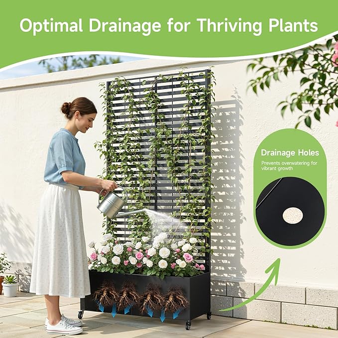 Metal Raised Garden Bed with Trellis and Wheels 73 x 35 x 16 Planter Box with Trellis with Drainage Holes Privacy Planters for Patio with Privacy Screen for Climbing Plants Flowers Vegetables