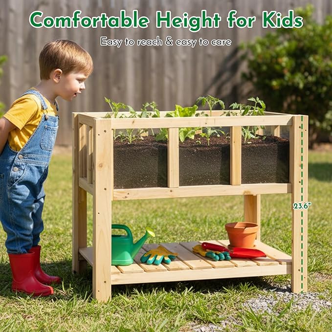 Raised Garden Bed with Transparent Acrylic Side Panels Elevated Wooden Planter Box with Shelf for Vegetables Herbs &amp FlowersOutdoor Raised Garden Planter for Patio Balcony &amp Backyard