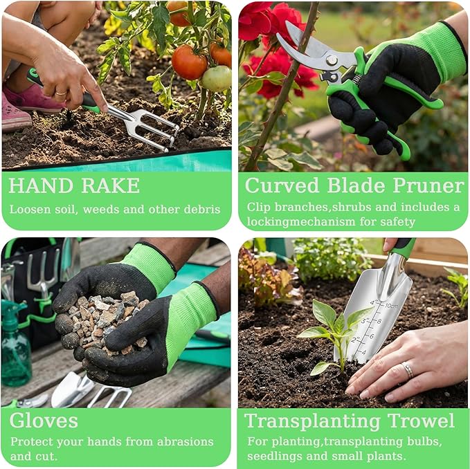 10-Piece Garden Tool Set - Heavy Duty Lightweight Aluminum Alloy Gardening Tools with Storage Tote Bag Rust-Proof Gardening Hand Tools &amp Non-Slip Ergonomic Grip Ideal Gardening Gifts for Women