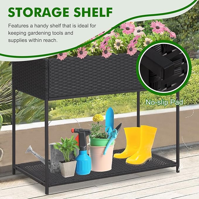 Kinpaw Rattan Raised Garden Bed with Liner- Planter Box with Underneath Tool Storage Rack Elevated Planting Containers with Legs Handmade Wicker Plants Pot Holder for Herbs Vegetables Flowers