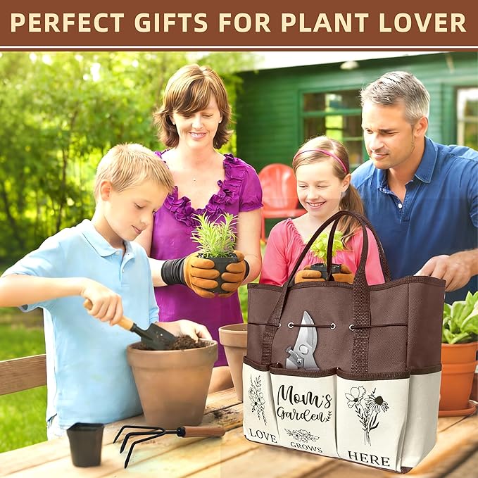 Mom Gifts Mothers Day Garden Kit Gifts for Mom from Daughter Gardening Tools and Durable Garden Tools Organizer Tote Ideal Gardening Set for Women on Plant Lover Birthday Present Brown