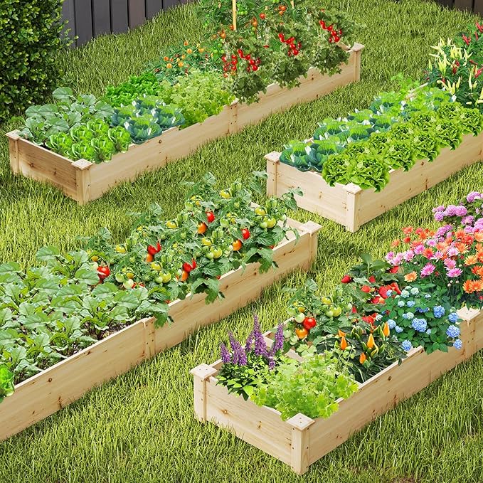 Wooden Raised Garden Bed 90 Elevated Flower Bed with 2 Planter Boxes &amp Dividers for Growing Vegetables Fruits Herbs Rectangular Garden Planter for Backyard &amp Lawn