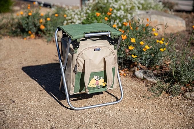 PICNIC TIME Disney Winnie The Pooh Gardener Folding Seat with Tools Folding Garden Stool with Detachable Tote and Hand Tool Set Organizer Portable Gardening Chair (Olive Green with Beige Accents)
