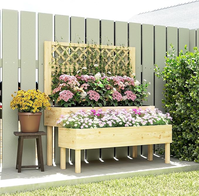 Outsunny 2-Tier Raised Garden Bed with Trellis Wooden Elevated Planter Box with Drainage Gaps Liners Trellis Planter for Climbing Plants Flowers Herbs 42.5 x 24.4 x 47.2 Natural