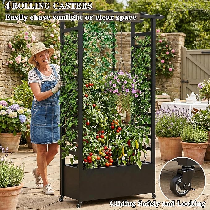 74 Mobile Planter with TrellisWeatherproof Vertical Raise Garden Bed with Trellis &amp Hanging Roof for Climbing PlantsFlowersVegetablesRust-Proof Metal Privacy Planter for Patio (Black-A)