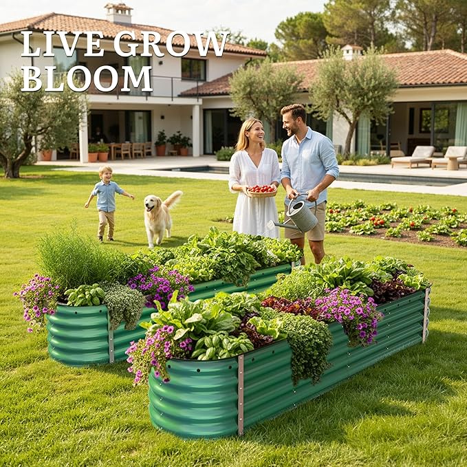 YITAHOME 17 Tall 9 in 1 Large Raised Garden Bed Kit 8x2x1.4ft Galvanized Metal Planter Box with Gloves &amp Safety Rubber Outdoor Above Ground Planters for Plants Vegetables Flowers Green