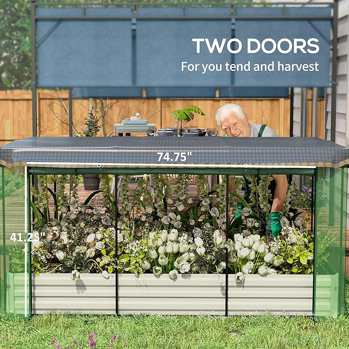 Outsunny 7.3 x 3.4 x 1 ft Galvanized Raised Garden Bed with Crop Cage Plant Protection Net and Shade Cloth Roof Metal Planter Box with Cover for Vegetables Flowers Herbs Beige
