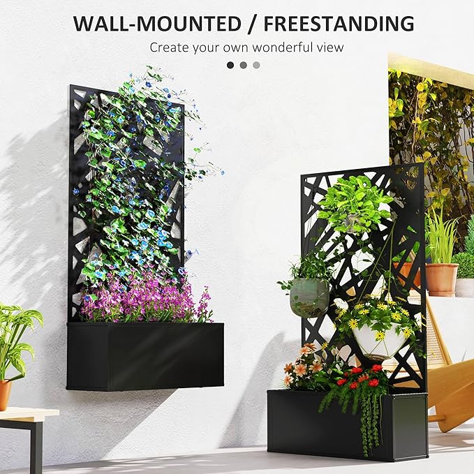 Outsunny Metal Raised Garden Bed with Trellis for Climbing Plants Freestanding or Wall Mounted Flower Bed with Privacy Panel Irregular Line Cut-Outs Outdoor Planter Box for Garden Patio Balcony