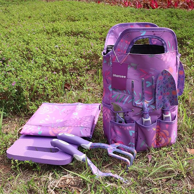 Purple Garden Tool Sets 10-Piece Aluminum Alloy Steel Hand Tools w/Non-Slip Ergonomic Handle Floral Print Garden Supplies Organizer Handbag Cute Gardening Tools Gift for Women Grandmother