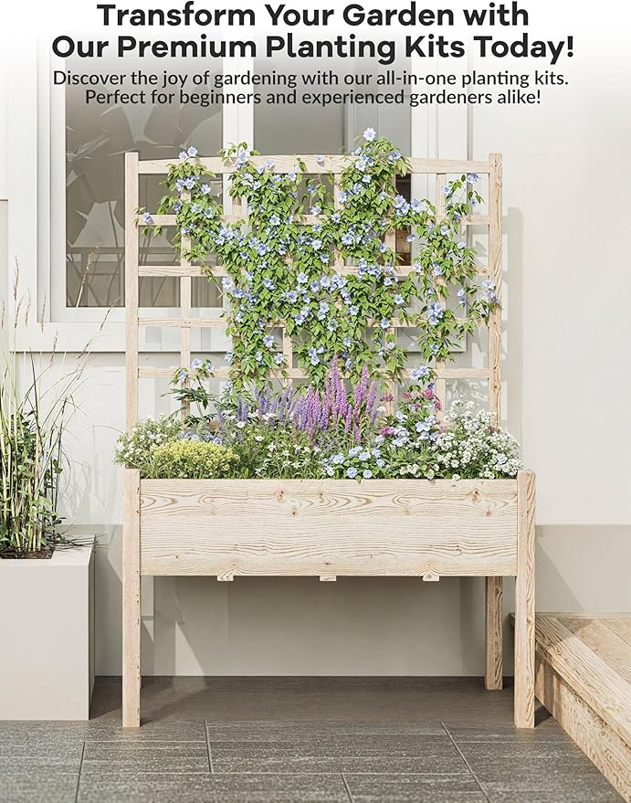 Raised Garden Bed with Legs For Outdoors 46 in x23 in x65 in Wooden Elevated Planter Box with Trellis Planter Liner for Backyard Patio Balcony Bed Liner for Climbing Plants Flowers Vegetables