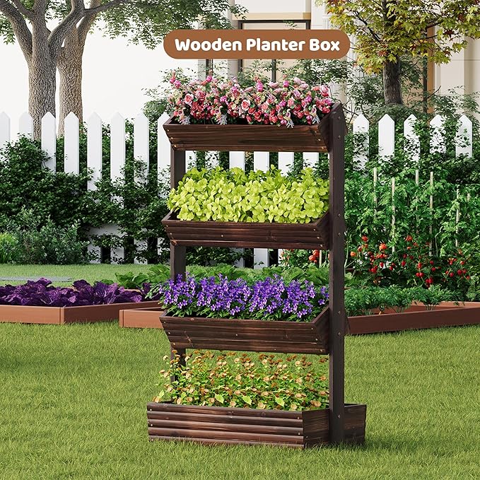 FILWH Wooden Raised Garden Bed Vertical Planter Box Freestanding Plant Stand for Indoor Outdoor Plants Herbs Flowers Vegetables Gardening (Carbonized 4-Tier29.9 x 17.9 x 55in)