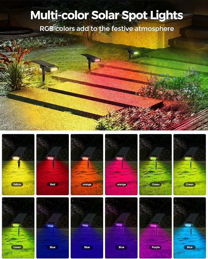 RGB Christmas Solar Spot Lights Outdoor 12 RGB Color Modes Landscape Light Waterproof IP67 with Remote Control 2-in-1 Color Changing RGB/Cool/Warm White for Yard Garden Garden (6 Pack)