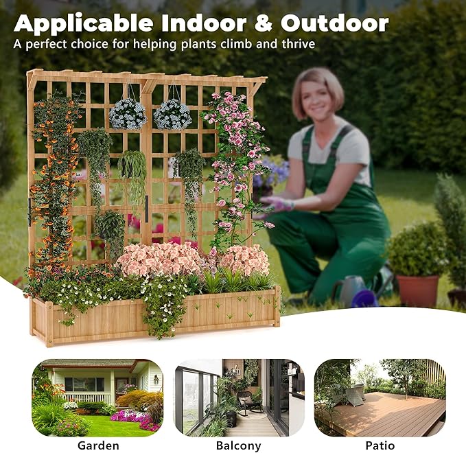 2 Tiers Wood Planter Box &amp Trellis 44.4'' x 16.2'' x 63'' Outdoor Elevated Bed Wooden Garden Bedding Hanging Roof with Climbing Trellis for Garden Balcony Yard Patio (8 Single Drainage Holes)
