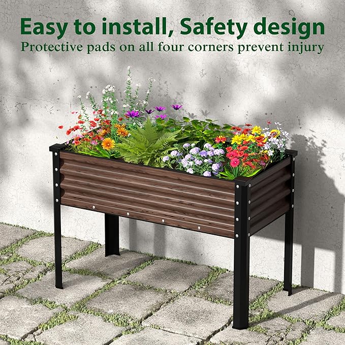 BlueWish 48 W x 24 D x 32 H Raised Garden Bed Galvanized Garden Bed with Detachable Black Liner Drainage Gaps Raised Garden Beds Outdoor 507 lbs Capacity Gardening Vegetable Flower Rustic