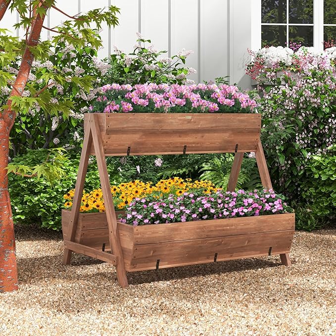 Vertical Raised Garden Bed Tiered Wooden Flower Bed with 3 Planter Boxes and 6 Drainage Holes for Vegetable Flower Fruit Indoor Outdoor Planter for Garden Yard Balcony (44”x36”x35”)