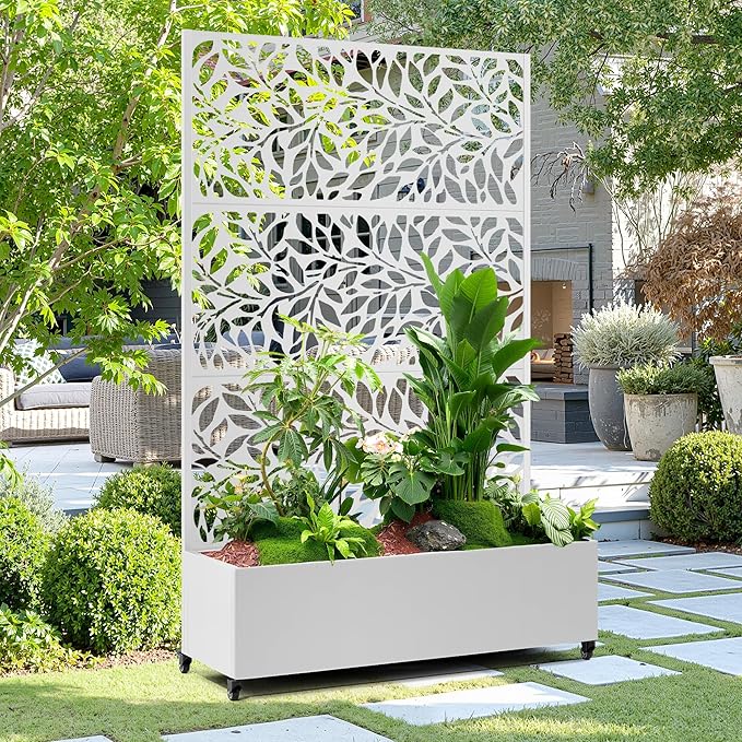 15.7×70.9×47.2 Metal Raised Garden Bed with Trellis and Wheels - Tall Trellis Planter Box for Climbing Plants Vegetables &amp Vines - Outdoor Privacy Planters for Patio (White)