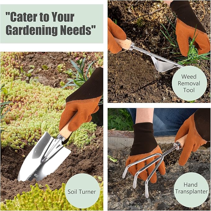 Gardening Tools Set of 10 Heavy Duty Stainless Steel Garden Hand Tools with Floral Tote Bag Rust-Proof Garden Tools for Gardening Gardening Gifts for Women Men and Plant Lover
