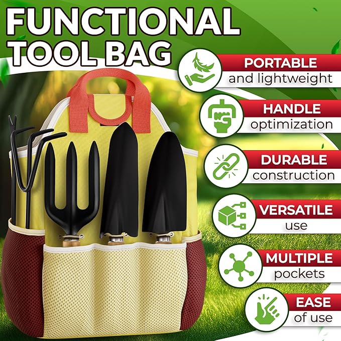 Compact Gardening Tool Set of 9 - Mini Garden Kit for Women with Multiple Pockets Rust-Proof Steel Planting Tools for Gardeners - Portable Garden Tool Bag Outdoor and Indoor Gardening Kit for Women