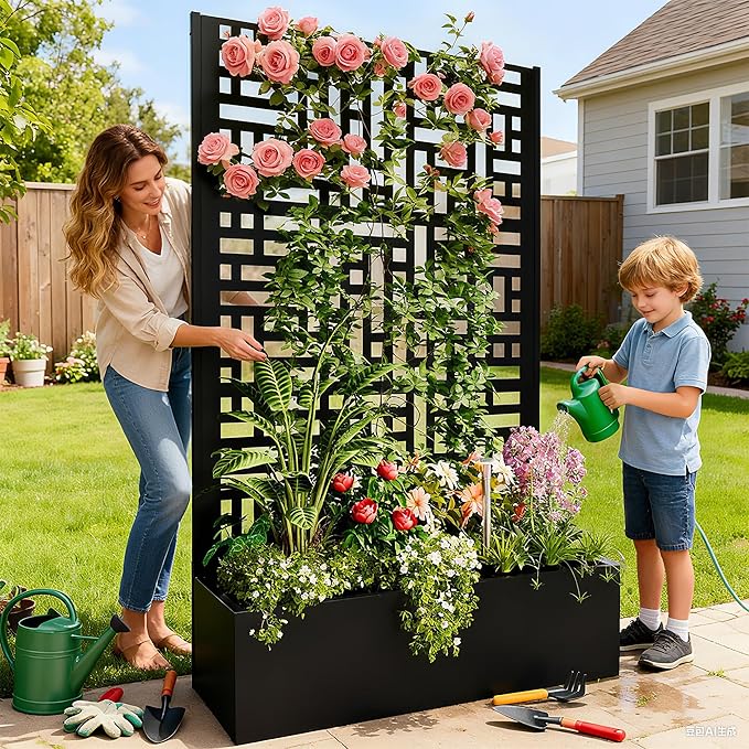 Metal Planter with Trellis Metal Raised Garden Bed 70 x 43.3 x 16 Planter Box with Trellis Privacy Screen Planter Box for Climbing Plants Flowers Vegetables Fruits (2)