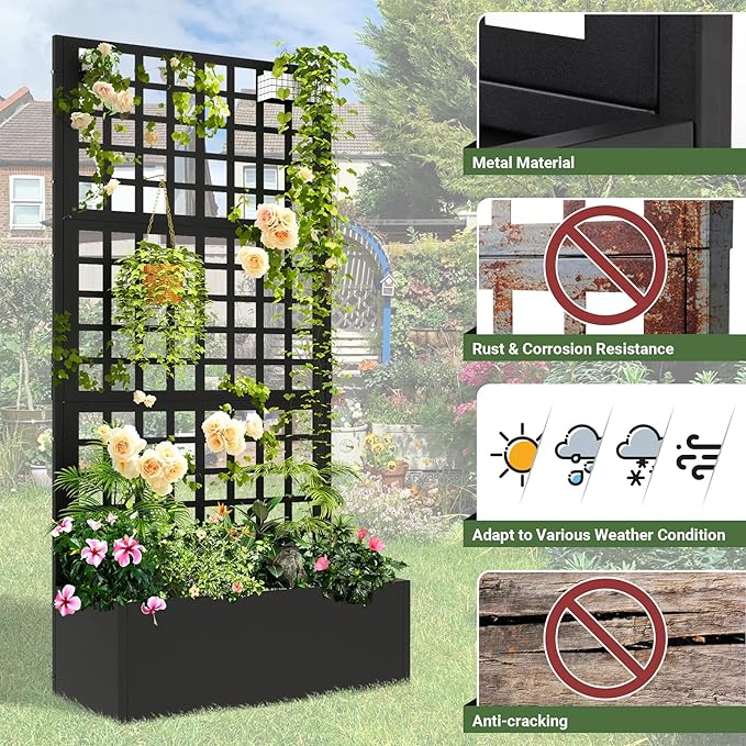 Metal Planter with Trellis 72 x 36’’ x 16 Raised Garden Bed with Trellis Planter Box with Privacy Screen for Climbing Plants Flowers Vegetables Fruits