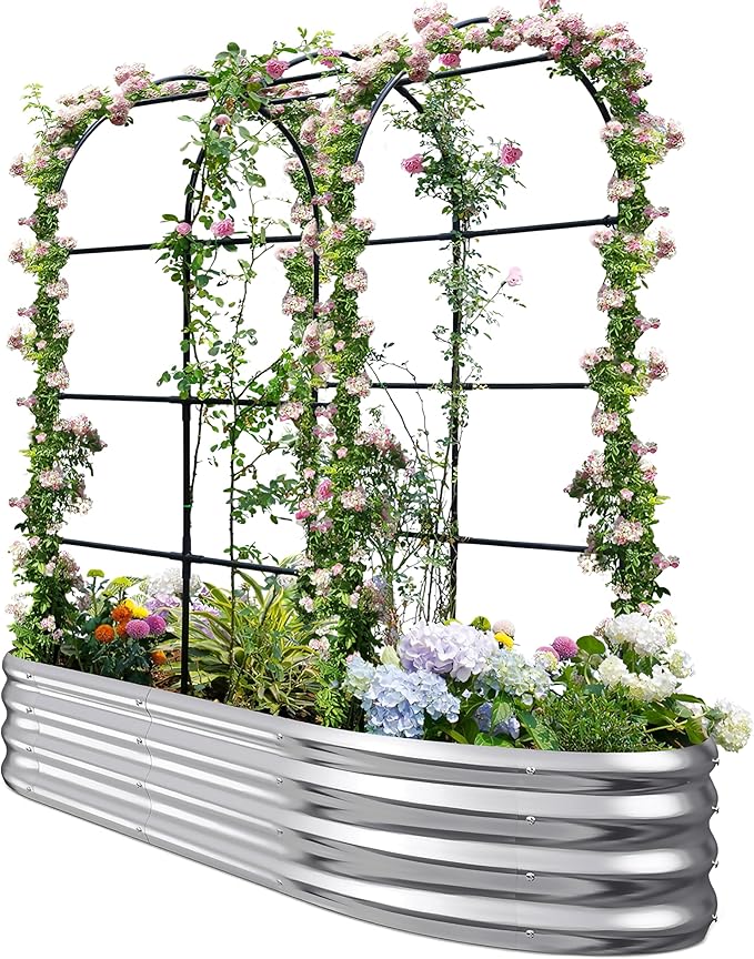 KING BIRD Raised Garden Bed with Arched Trellis Galvanized Planter Garden Box Outdoor for Gardening Climbing Vegetables Flowers 5.9x2.95x0.98 Ft Silver
