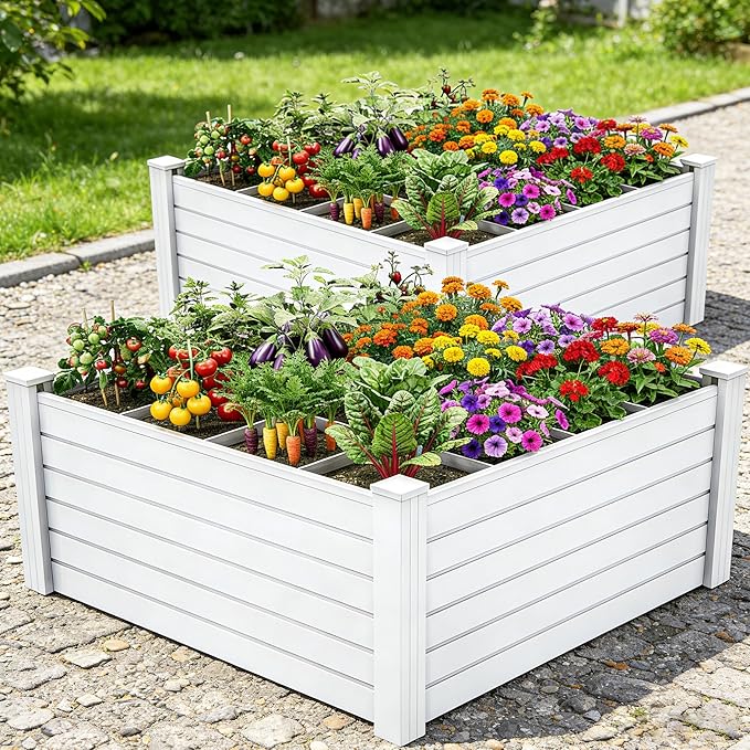 YITAHOME 48x48x24 in Plastic Raised Garden Bed 2pcs with Growth Grid Large Outdoor Vinyl Planter Box for Plants Vegetables and Flowers Easy Installation White
