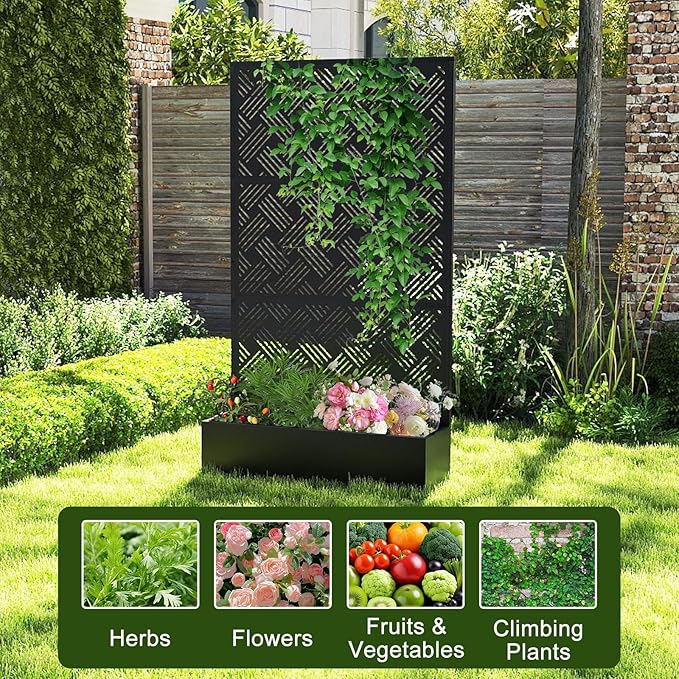 Metal Raised Garden Bed with Trellis Privacy Screen Planter Box for Climbing Plants 40 x 12 x 71 Inches Outdoor Standing Flower Bed with Drainage (Woven)