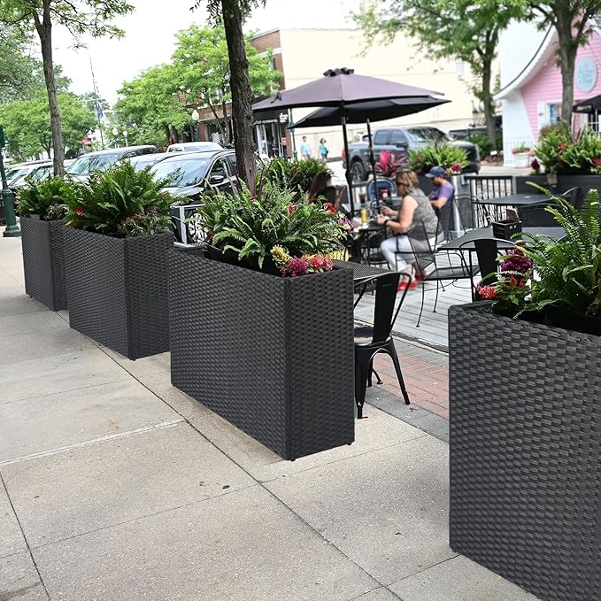 LEWIS&ampWAYNE Tall Planters for Outdoor Plants Handmade Wicker Large Rectangular Block Planter Box with Removable Liners Modern Planter for Indoor Outdoor Patio Deck - Black