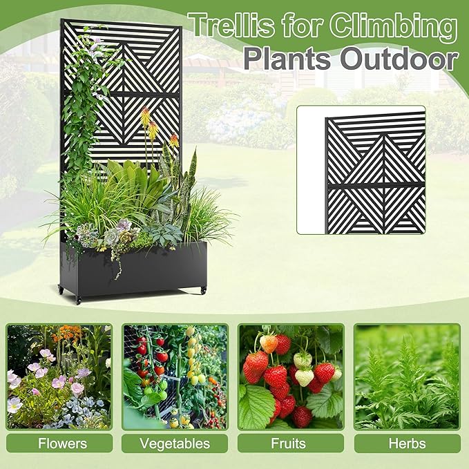 Raised Garden Bed with Trellis and Wheels73x35x16 Metal Raised Garden BedBlack Diamond Metal Planter with Climbing Trellis for Vines &amp Vegetables