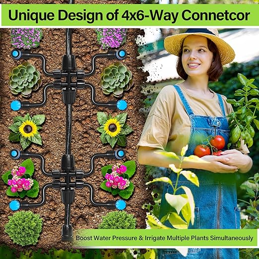 Bonviee 50FT 5/16” Drip Irrigation Mainline Tubing with 4-Way Push-to-Connect Couplers (4 Pack) – Compact DIY Garden Irrigation Distribution System for Misting Raised Beds &amp Small Spaces