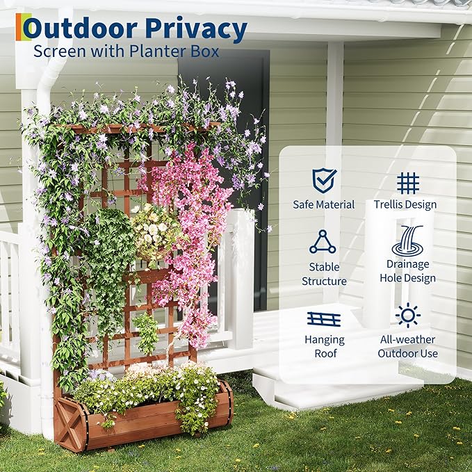 GarveeLife 67 h Raised Garden Bed with Trellis &amp Roof - Wooden Planter Box with Drainage Freestanding Outdoor Garden Box for Climbing Vines Vegetables Flowers - Perfect for Yard Patio Balcon