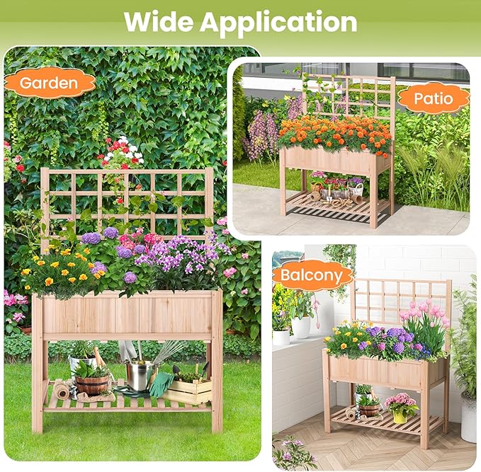 S AFSTAR Raised Garden Bed with Trellis 42x21x58in Elevated Planter Box with Legs Bottom Storage Shelf Planter Liner Wood Standing Planter Stand for Climbing Plants Flowers Vegetables Herbs
