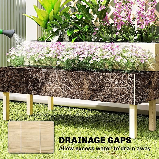 Outsunny 2-Tier Raised Garden Bed with Trellis Wooden Elevated Planter Box with Drainage Gaps Liners Trellis Planter for Climbing Plants Flowers Herbs 42.5 x 24.4 x 47.2 Natural